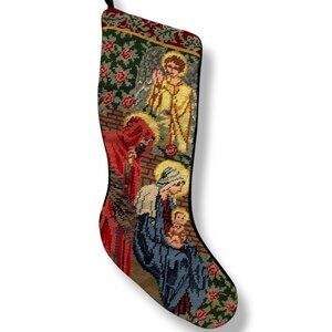 Needlepoint Christmas Stocking Nativity Scene Old World Religious Holiday Decor